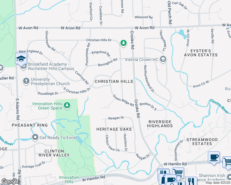 map of restaurants, bars, coffee shops, grocery stores, and more near 1315 Green Ridge Road in Rochester Hills