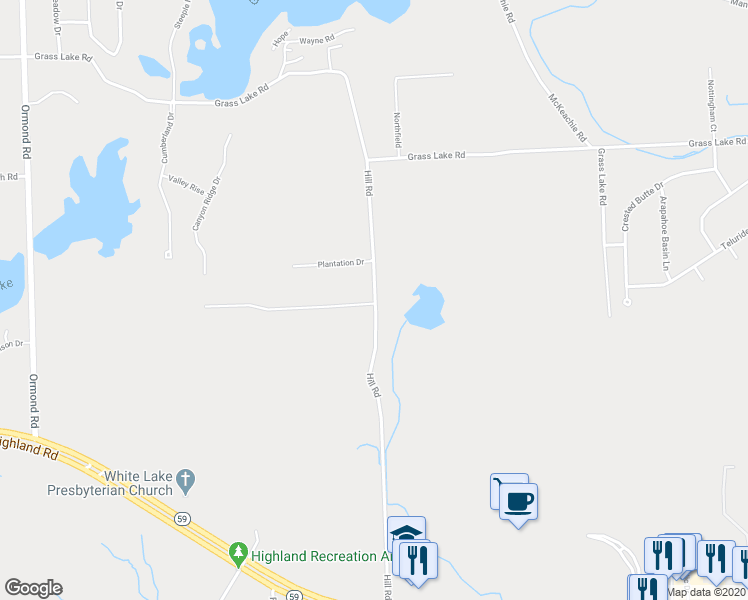map of restaurants, bars, coffee shops, grocery stores, and more near 1829 Hill Road in White Lake charter Township