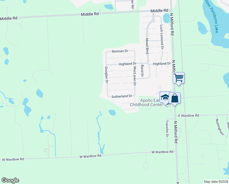 map of restaurants, bars, coffee shops, grocery stores, and more near 201-299 Macgregor Court West in Highland charter Township