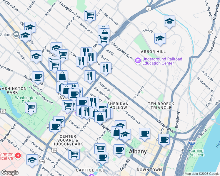 map of restaurants, bars, coffee shops, grocery stores, and more near 255 Orange Street in Albany