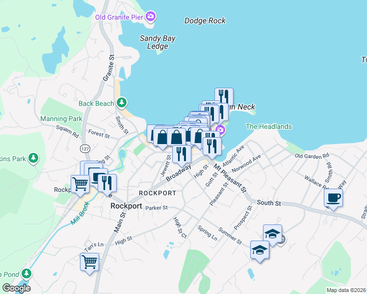 map of restaurants, bars, coffee shops, grocery stores, and more near 23-25 Main Street in Rockport
