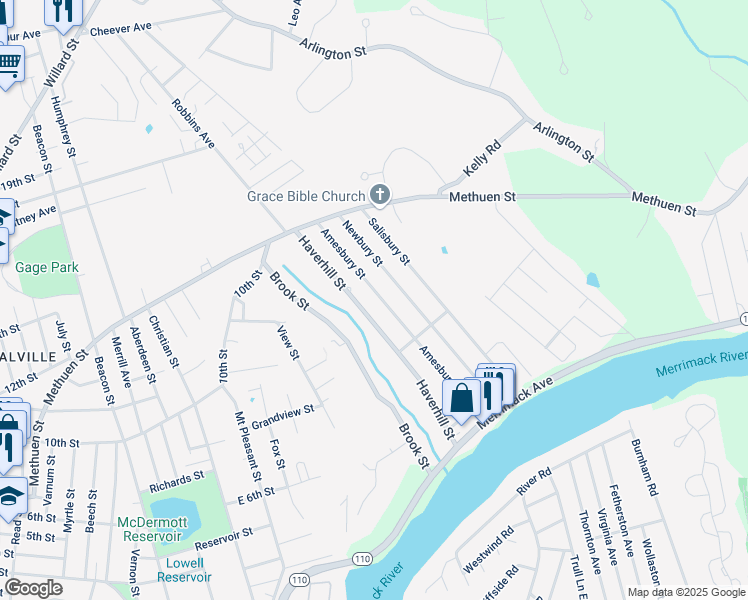 map of restaurants, bars, coffee shops, grocery stores, and more near 120A Amesbury Street in Dracut