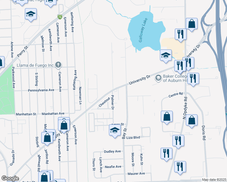 map of restaurants, bars, coffee shops, grocery stores, and more near 1238 University Drive in Pontiac