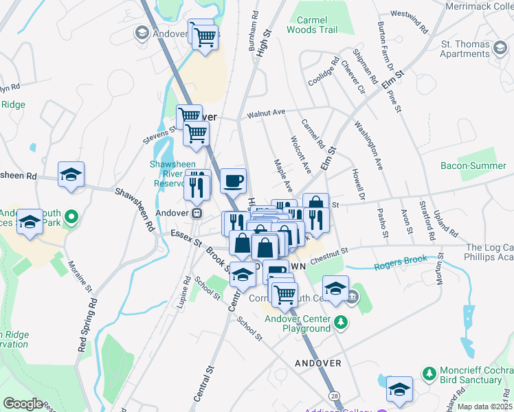 map of restaurants, bars, coffee shops, grocery stores, and more near 15 High Street in Andover