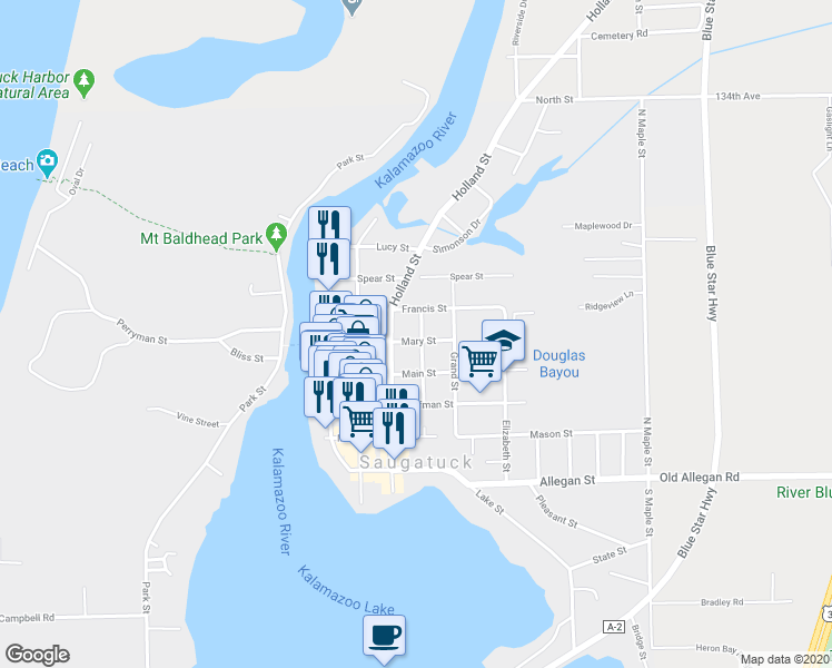map of restaurants, bars, coffee shops, grocery stores, and more near 346 Mary Street in Saugatuck