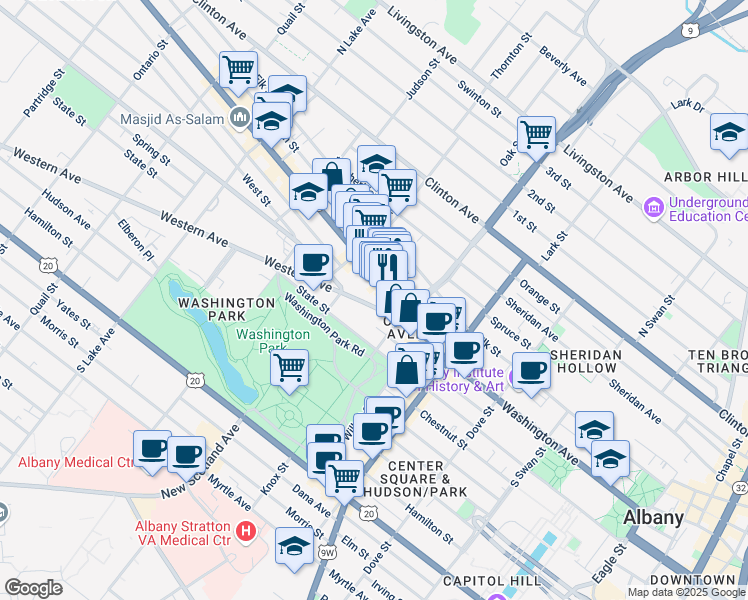 map of restaurants, bars, coffee shops, grocery stores, and more near 294 Washington Avenue in Albany