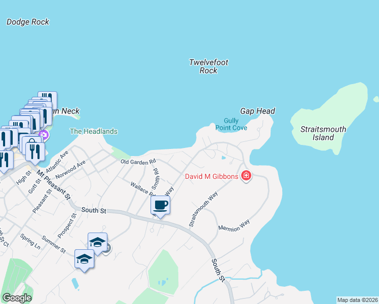 map of restaurants, bars, coffee shops, grocery stores, and more near 33 Marmion Way in Rockport