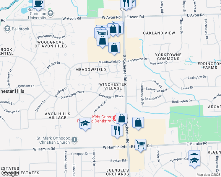 map of restaurants, bars, coffee shops, grocery stores, and more near 1609 Glen Meadow Court in Rochester Hills