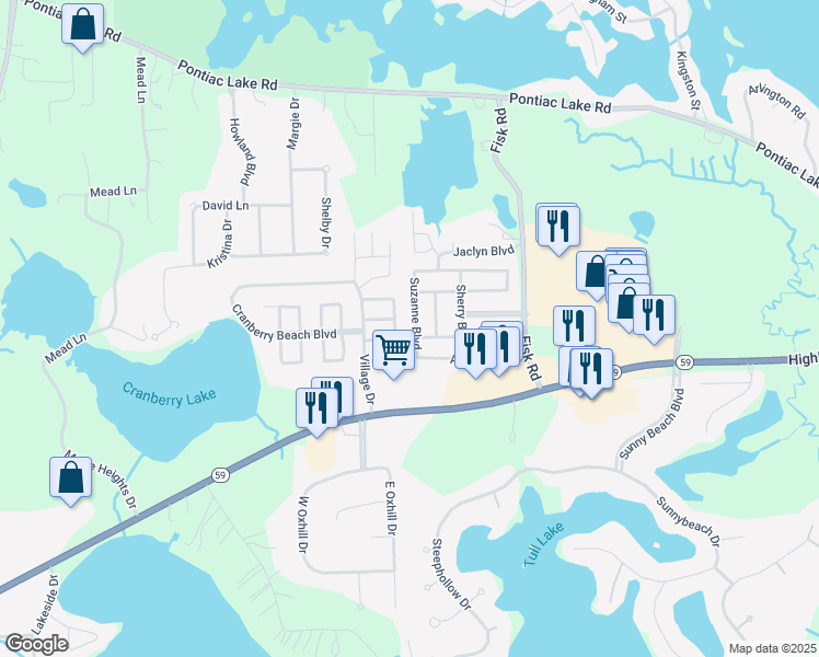 map of restaurants, bars, coffee shops, grocery stores, and more near 74 Suzanne Boulevard in White Lake charter Township