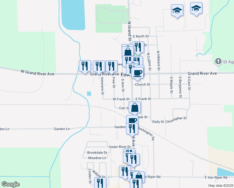 map of restaurants, bars, coffee shops, grocery stores, and more near 227 Free Street in Fowlerville