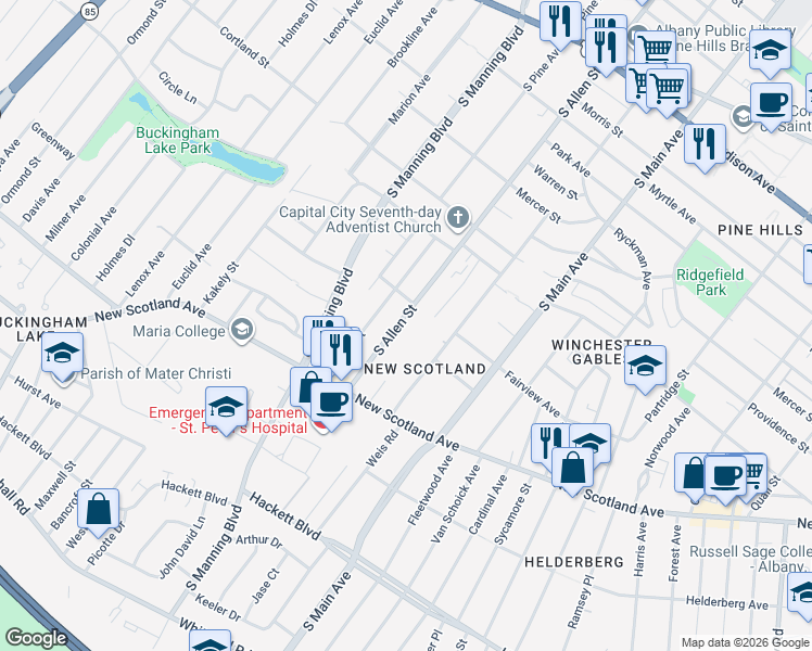 map of restaurants, bars, coffee shops, grocery stores, and more near 265 South Allen Street in Albany