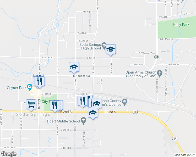map of restaurants, bars, coffee shops, grocery stores, and more near 330 East Hooper Avenue in Soda Springs