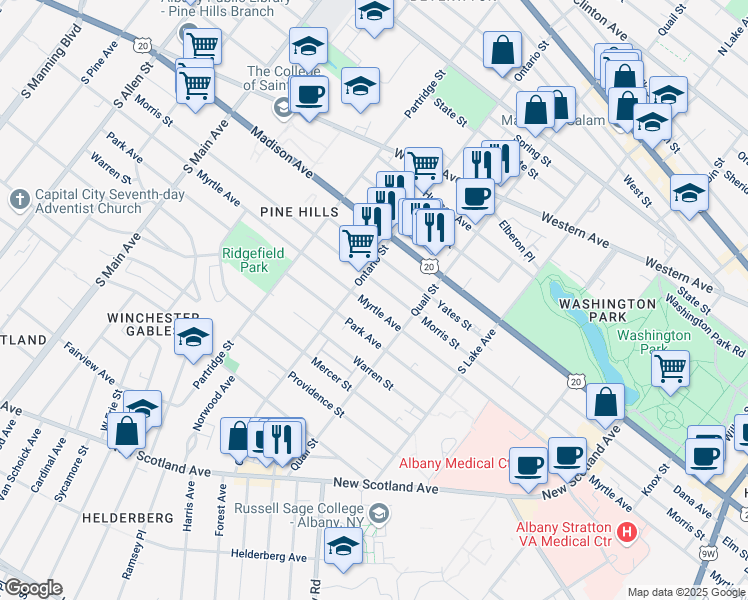 map of restaurants, bars, coffee shops, grocery stores, and more near 637 Myrtle Avenue in Albany