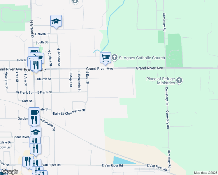 map of restaurants, bars, coffee shops, grocery stores, and more near 830 East Grand River Road in Fowlerville