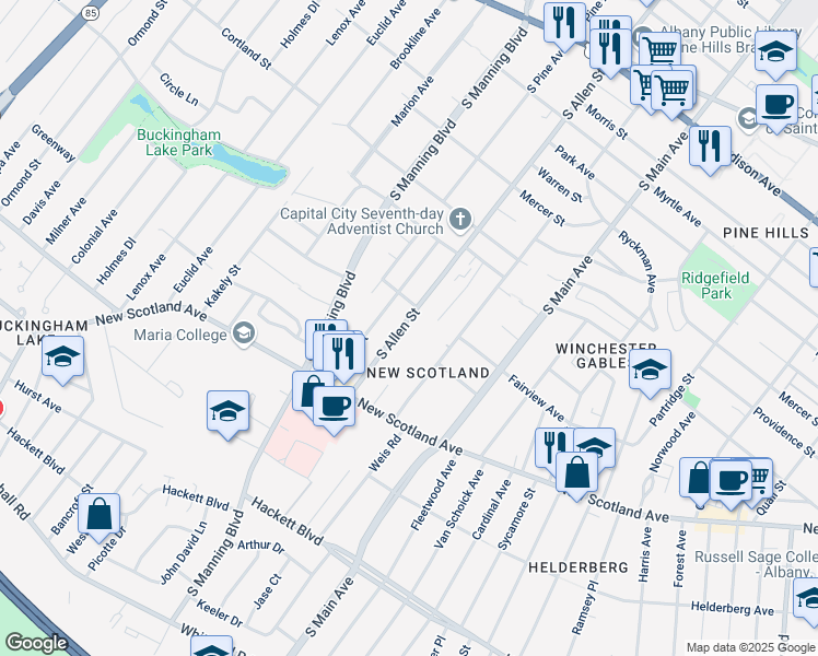 map of restaurants, bars, coffee shops, grocery stores, and more near 261 South Allen Street in Albany