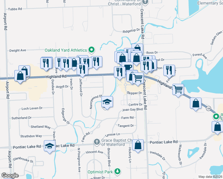 map of restaurants, bars, coffee shops, grocery stores, and more near 5299 Highland Road in Waterford Township