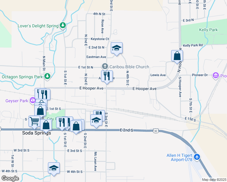 map of restaurants, bars, coffee shops, grocery stores, and more near 330 East Hooper Avenue in Soda Springs