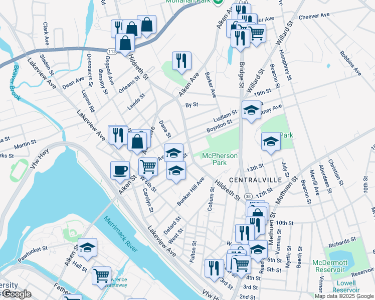 map of restaurants, bars, coffee shops, grocery stores, and more near 188 Ennell Street in Lowell