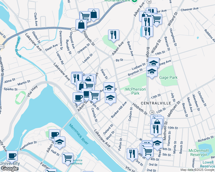 map of restaurants, bars, coffee shops, grocery stores, and more near 76 Lilley Avenue in Lowell