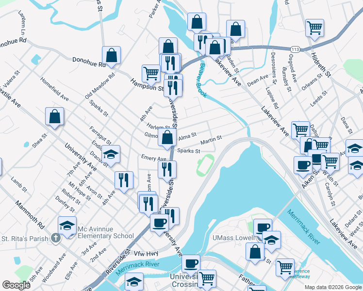 map of restaurants, bars, coffee shops, grocery stores, and more near 361 Riverside Street in Lowell