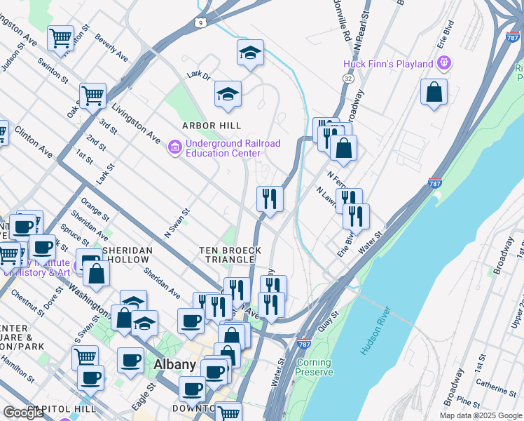 map of restaurants, bars, coffee shops, grocery stores, and more near 251-255 North Pearl Street in Albany