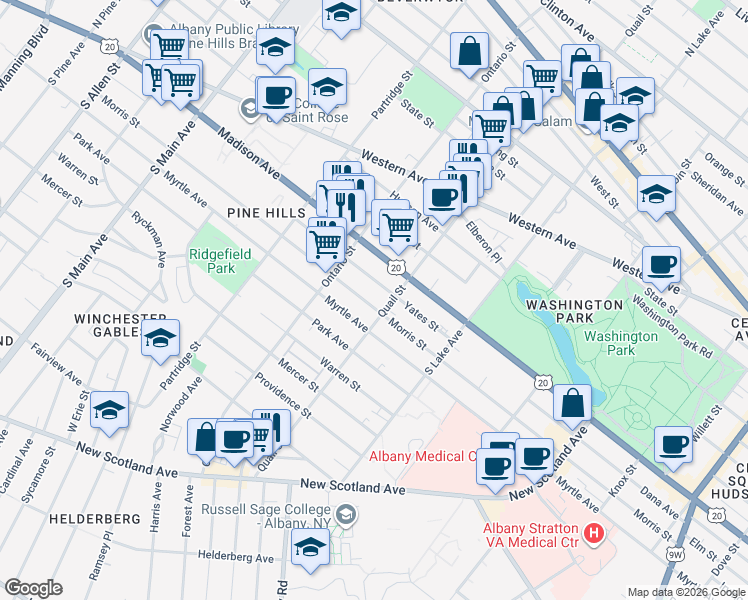 map of restaurants, bars, coffee shops, grocery stores, and more near 440 Morris Street in Albany