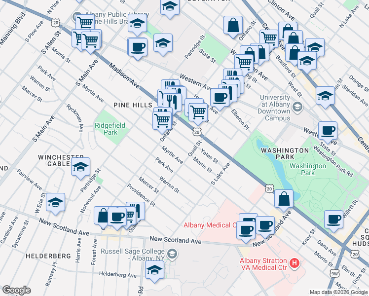 map of restaurants, bars, coffee shops, grocery stores, and more near 440 Morris Street in Albany