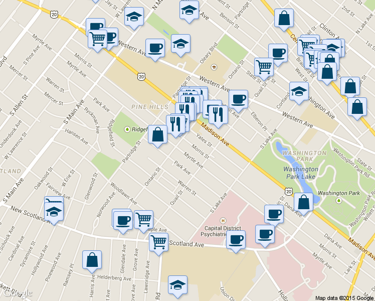 map of restaurants, bars, coffee shops, grocery stores, and more near 642 Myrtle Avenue in Albany