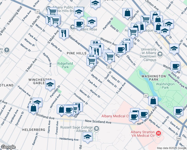 map of restaurants, bars, coffee shops, grocery stores, and more near 642 Myrtle Avenue in Albany
