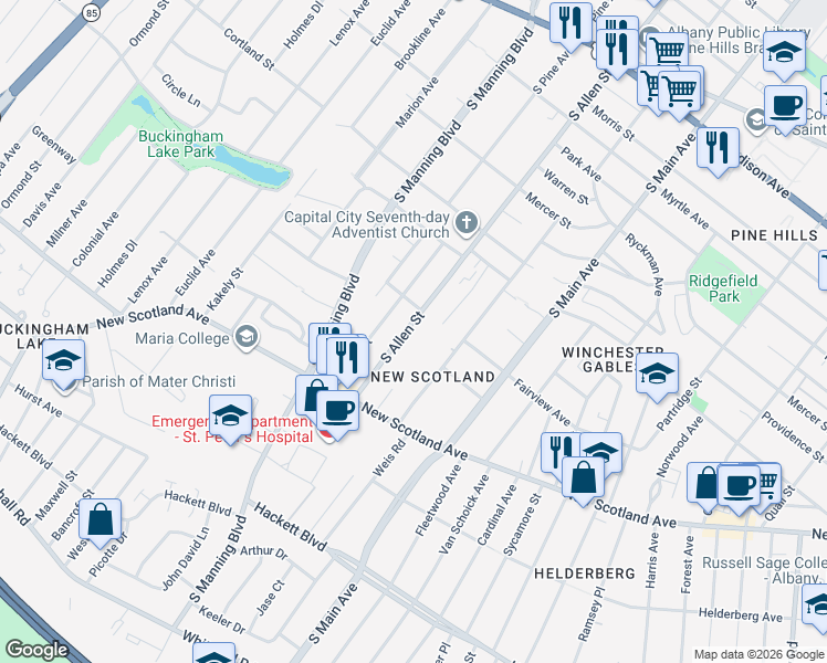 map of restaurants, bars, coffee shops, grocery stores, and more near 265 South Allen Street in Albany