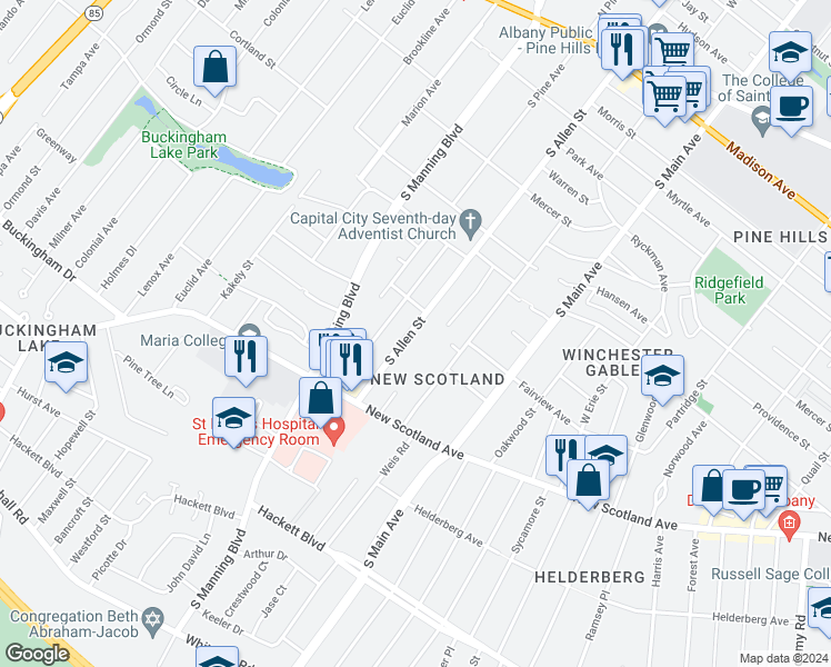 map of restaurants, bars, coffee shops, grocery stores, and more near 265 South Allen Street in Albany