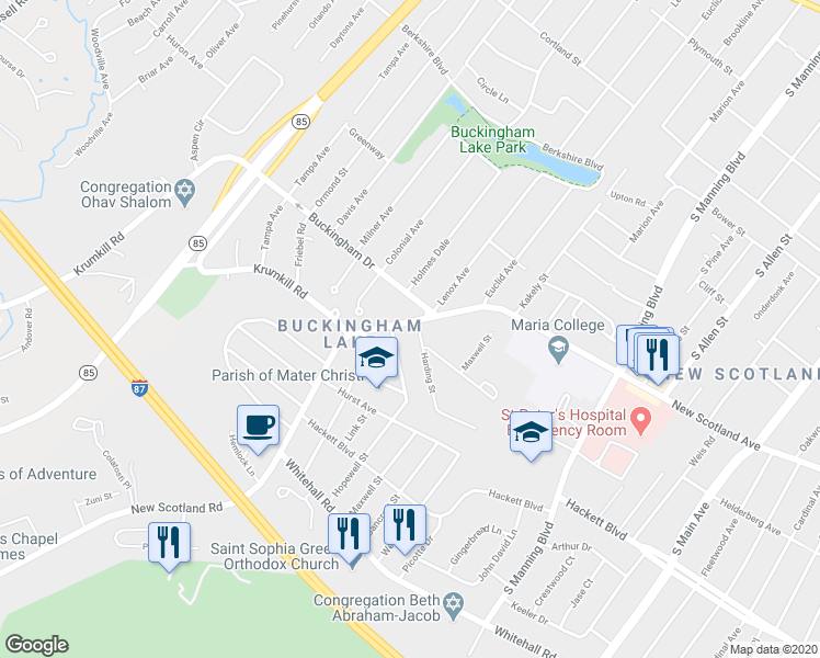 map of restaurants, bars, coffee shops, grocery stores, and more near 764 New Scotland Avenue in Albany
