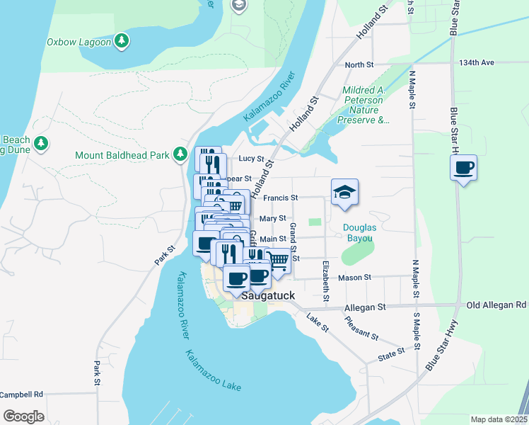 map of restaurants, bars, coffee shops, grocery stores, and more near 346 Mary Street in Saugatuck