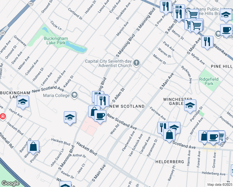 map of restaurants, bars, coffee shops, grocery stores, and more near 264 South Allen Street in Albany