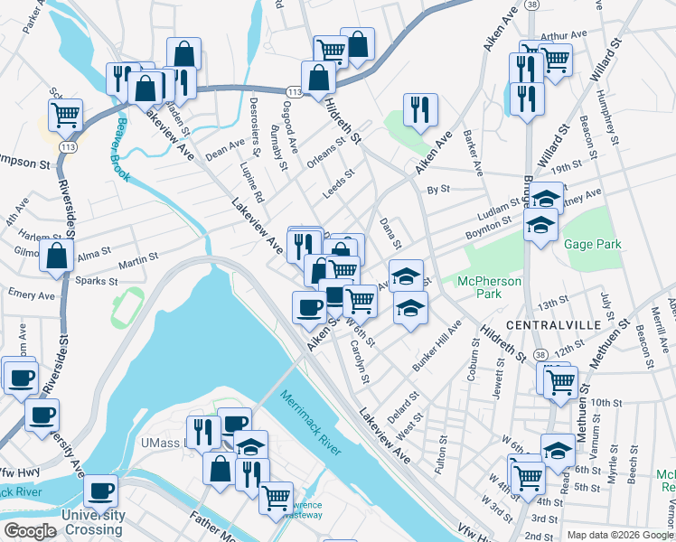 map of restaurants, bars, coffee shops, grocery stores, and more near 32 Exeter Street in Lowell