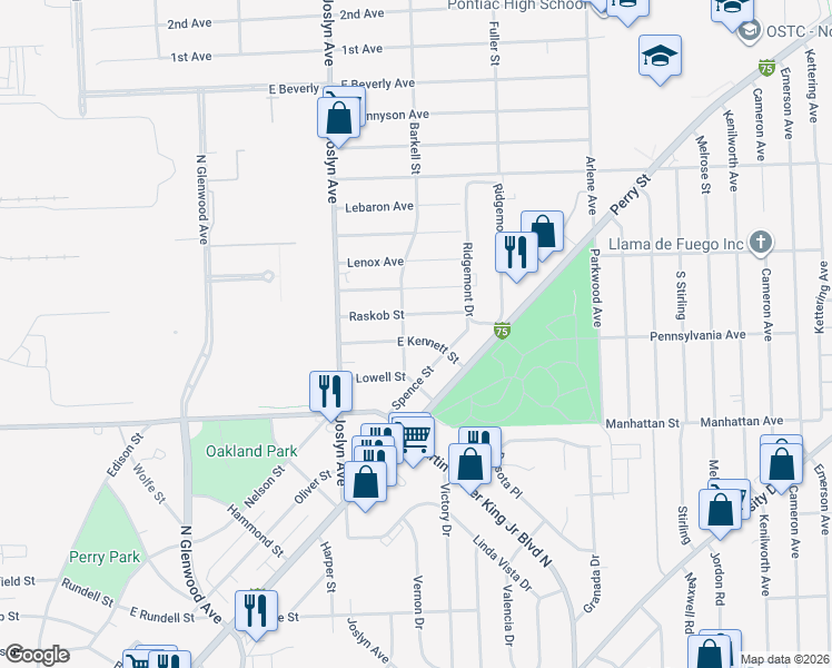 map of restaurants, bars, coffee shops, grocery stores, and more near 619 East Kennett Road in Pontiac