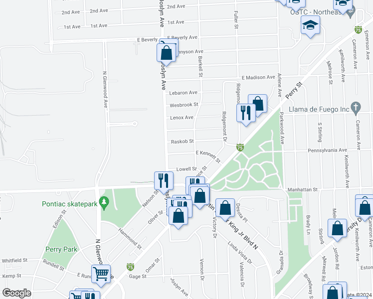 map of restaurants, bars, coffee shops, grocery stores, and more near 583 East Kennett Street in Pontiac