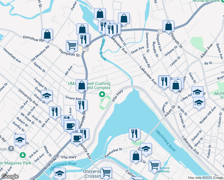 map of restaurants, bars, coffee shops, grocery stores, and more near 51 Rosemont Street in Lowell