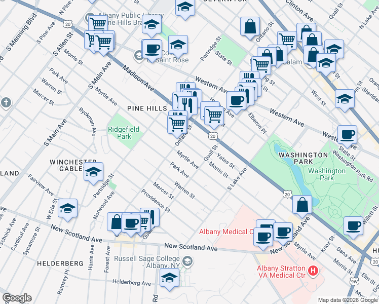 map of restaurants, bars, coffee shops, grocery stores, and more near 440 Morris Street in Albany