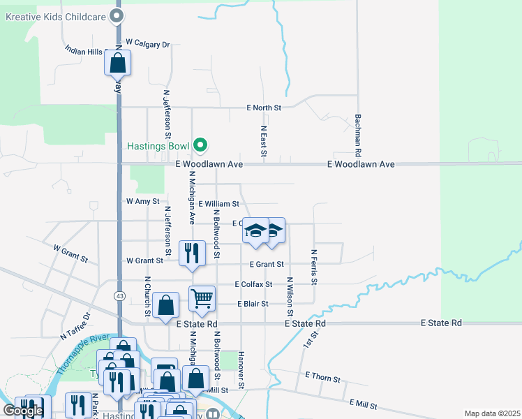 map of restaurants, bars, coffee shops, grocery stores, and more near 1107 Hanover Street in Hastings