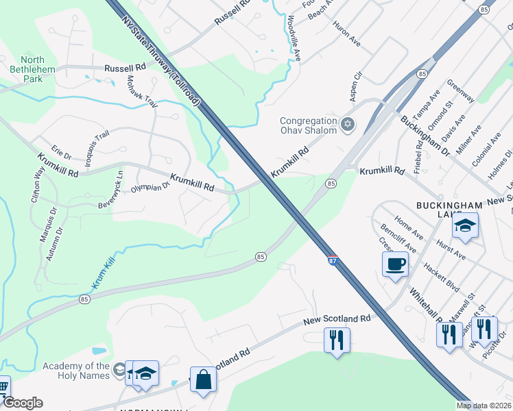 map of restaurants, bars, coffee shops, grocery stores, and more near 16 Andover Road in Slingerlands