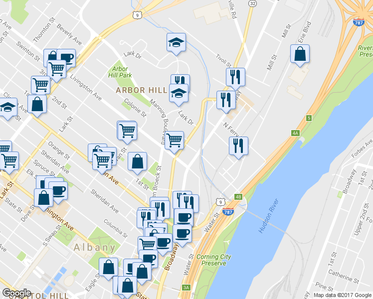 map of restaurants, bars, coffee shops, grocery stores, and more near 275 North Pearl Street in Albany