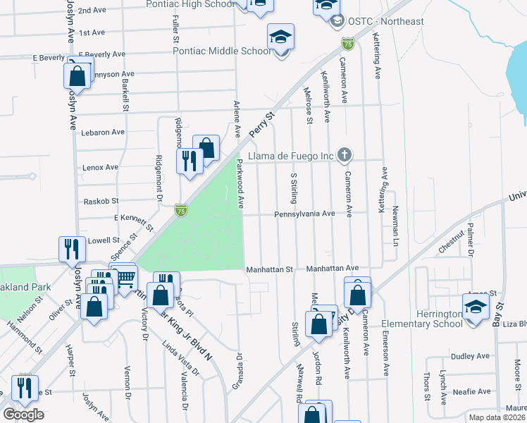 map of restaurants, bars, coffee shops, grocery stores, and more near 741 Robinwood Street in Pontiac