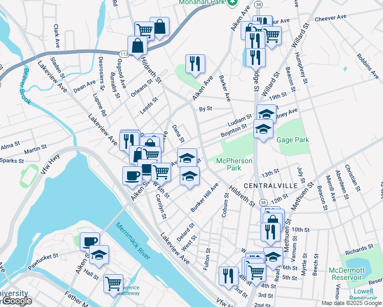 map of restaurants, bars, coffee shops, grocery stores, and more near 188 Ennell Street in Lowell
