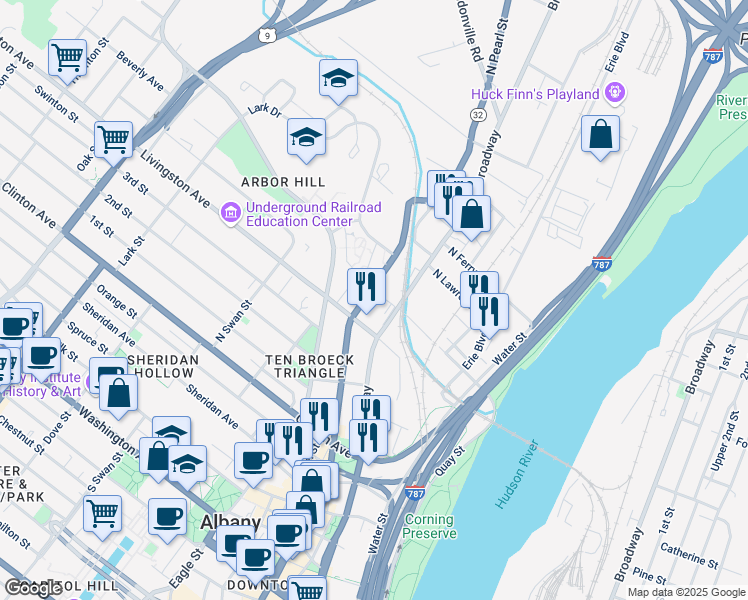 map of restaurants, bars, coffee shops, grocery stores, and more near 251-255 North Pearl Street in Albany