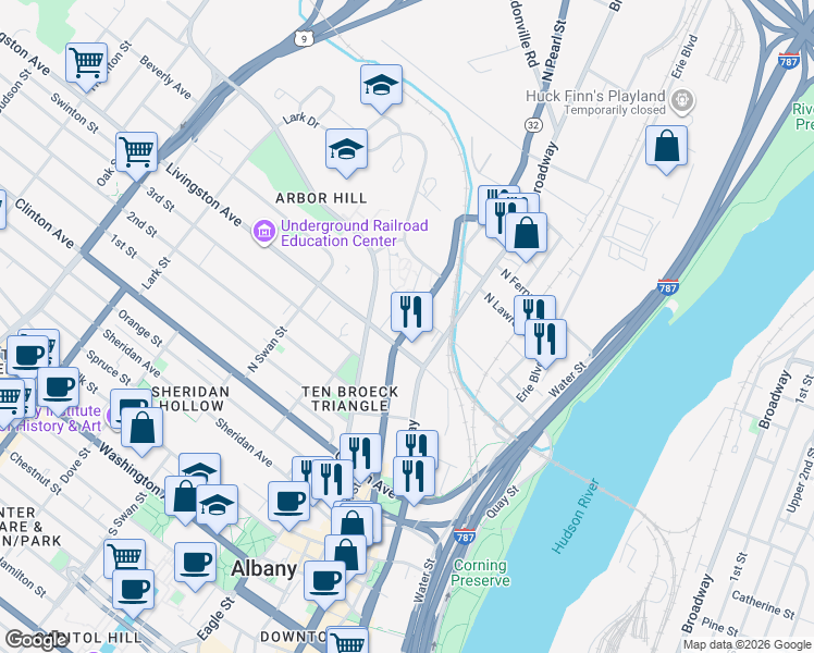 map of restaurants, bars, coffee shops, grocery stores, and more near 251-255 North Pearl Street in Albany