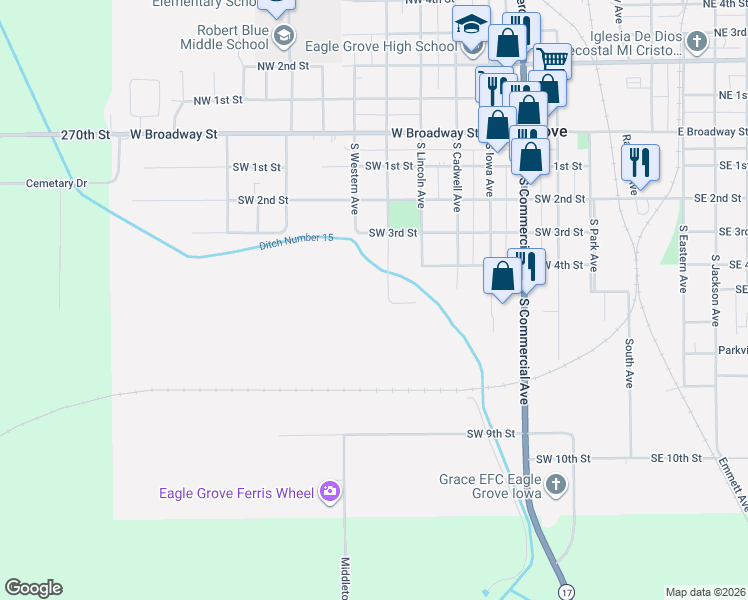 map of restaurants, bars, coffee shops, grocery stores, and more near 401-499 South Garfield Avenue in Eagle Grove