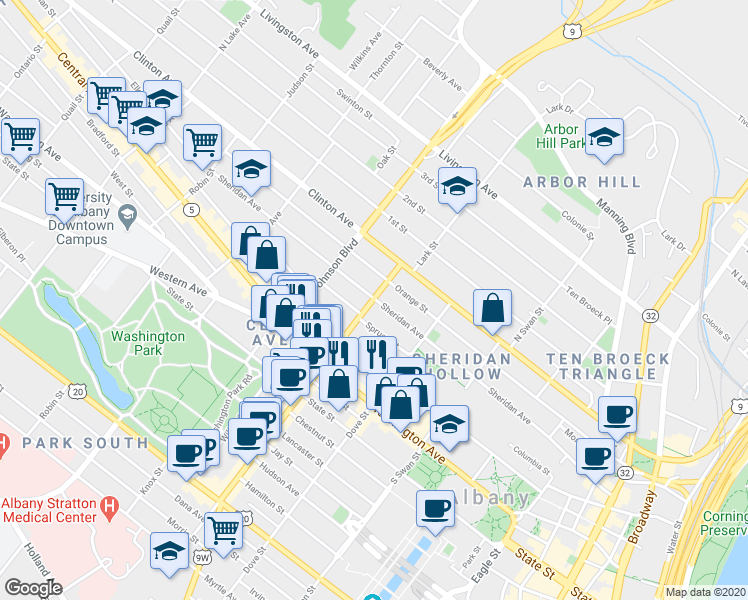 map of restaurants, bars, coffee shops, grocery stores, and more near Lark Street in Albany