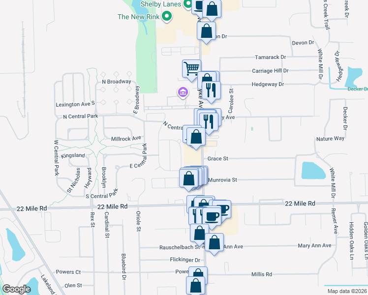 map of restaurants, bars, coffee shops, grocery stores, and more near 49514 Nicholette in Macomb County