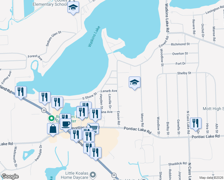map of restaurants, bars, coffee shops, grocery stores, and more near 1410 Linville Drive in Waterford Township